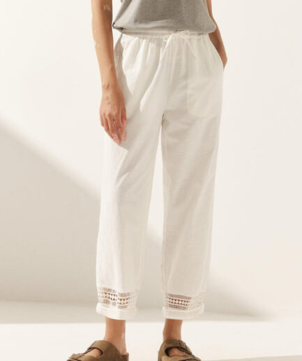 LWZLI™ Linen Hollow Lace Stitching Elastic Waist Ankle Length Pants RITA