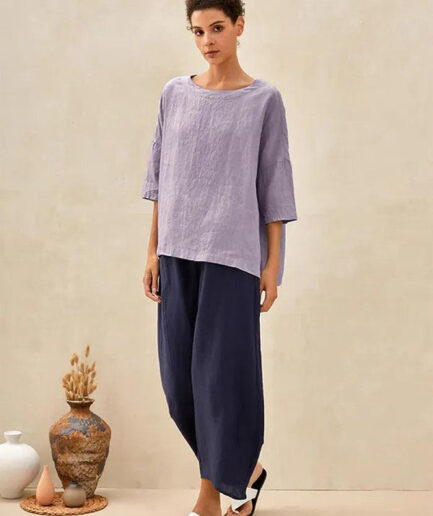 LWZLI™ 100% Linen Gingham Checked Boatneck 3/4 Length Sleeve Top AURORA