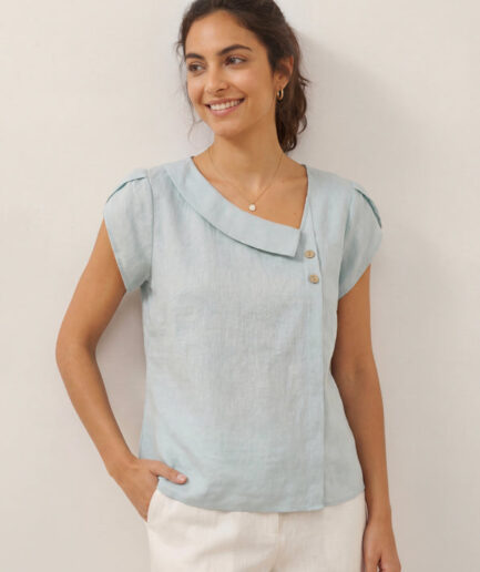 LWZLI™ 100% Linen Crescent Collar Flutter Sleeve Top FARA