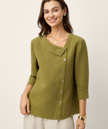LWZLI™ 100% Linen Crescent Neck Button Detail 3/4 Sleeve Top ADALYN