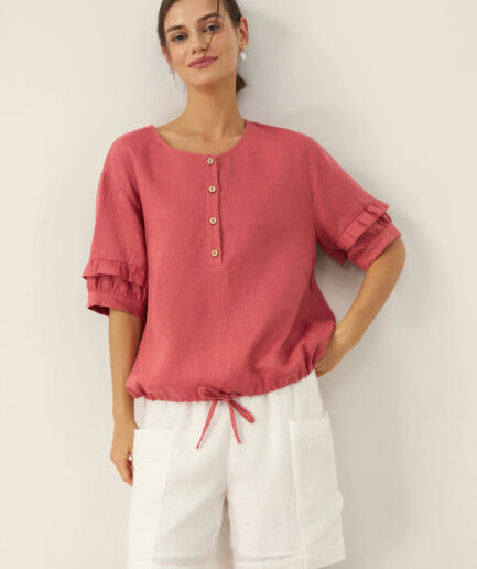 LWZLI™ 100% Linen Flutter Sleeve Drawstring Top ZOEY