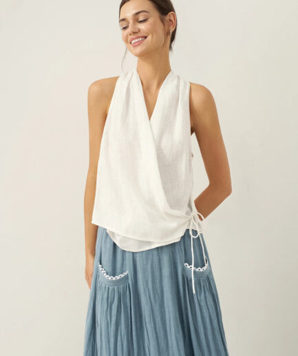 LWZLI™ 100% Linen Halter Neck Tie-Front Crop Top FAYE