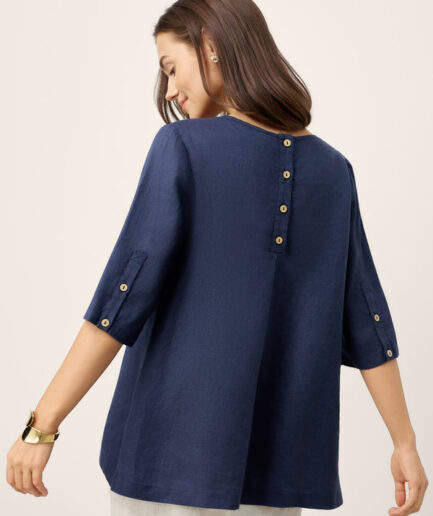 LWZLI™ 100% Linen Relaxed Back Button Top with Tab Sleeves SYLVANA