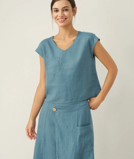 LWZLI™ 100% Linen V-Neck Cap Sleeve Crop Top FRESSA