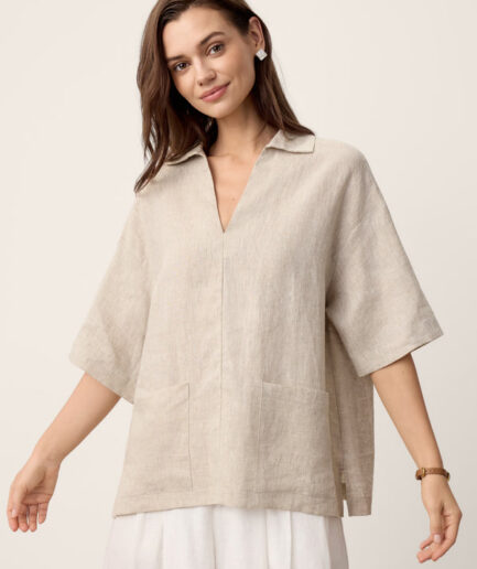 LWZLI™ 100% Linen Camp-Collar Patch-Pocket Top BRENNA