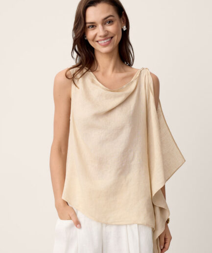 LWZLI™ 100% Linen Cowl-Neck Asymmetric Top LEVINA