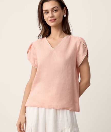 LWZLI™ 100% Linen Lace-Trim Puff-Sleeve Top NIA