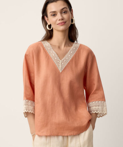 LWZLI™ 100% Linen Lace-Trim V-Neck Top KEELY