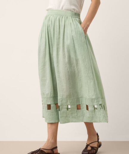 LWZLI™ 100% Linen Layered Handwoven Lattice Hem Elastic Waist Midi Skirt ALINAH