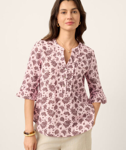 LWZLI™ Linen Paisley Pintucked Ruffle-Cuff Curved Hem Blouse ILARIA