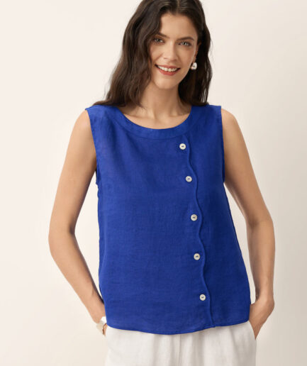 LWZLI™ 100% Linen Shell Button Detail Sleeveless Top GALATEA