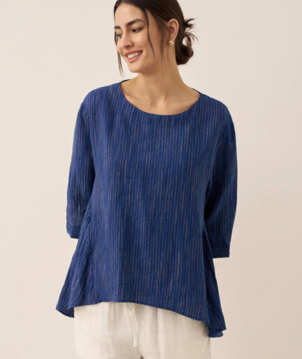 LWZLI™ 100% Linen Round Neck Artistic Stripe Top FLORENCE