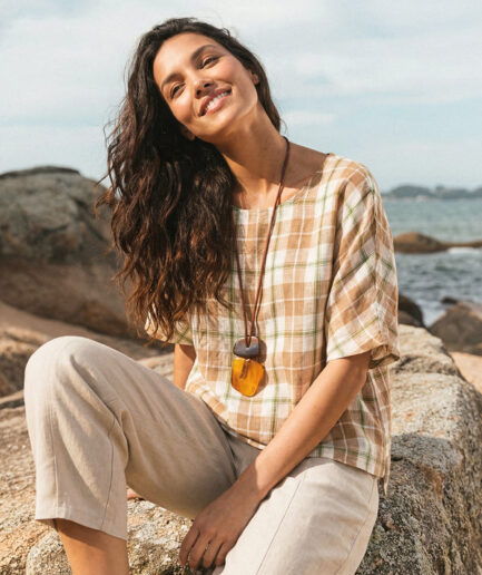 LWZLI™ 100% Linen Plaid Drop Shoulder Side Slit Top LORNA