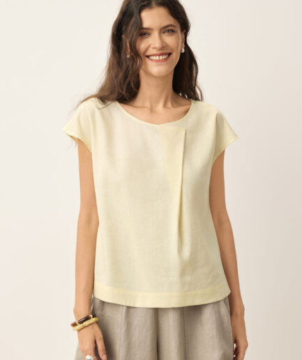 LWZLI™ Linen-Lyocell Asymmetric Pleat Cap-Sleeve Top CERELIA