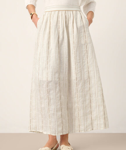 LWZLI™ Linen Striped Contrast Trim A-Line Bohemian Skirt with Lining ISMERIE
