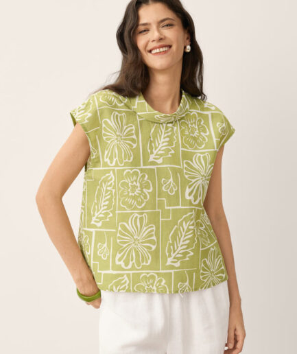 LWZLI™ Linen Geometric Floral Stand-Collar Top DELPHINA